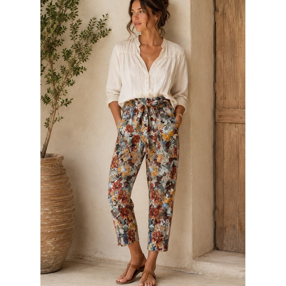 Jules & Leopold Floral Paperbag Waist Tie Pants Size S‎ Tapered Stretch Pull-On